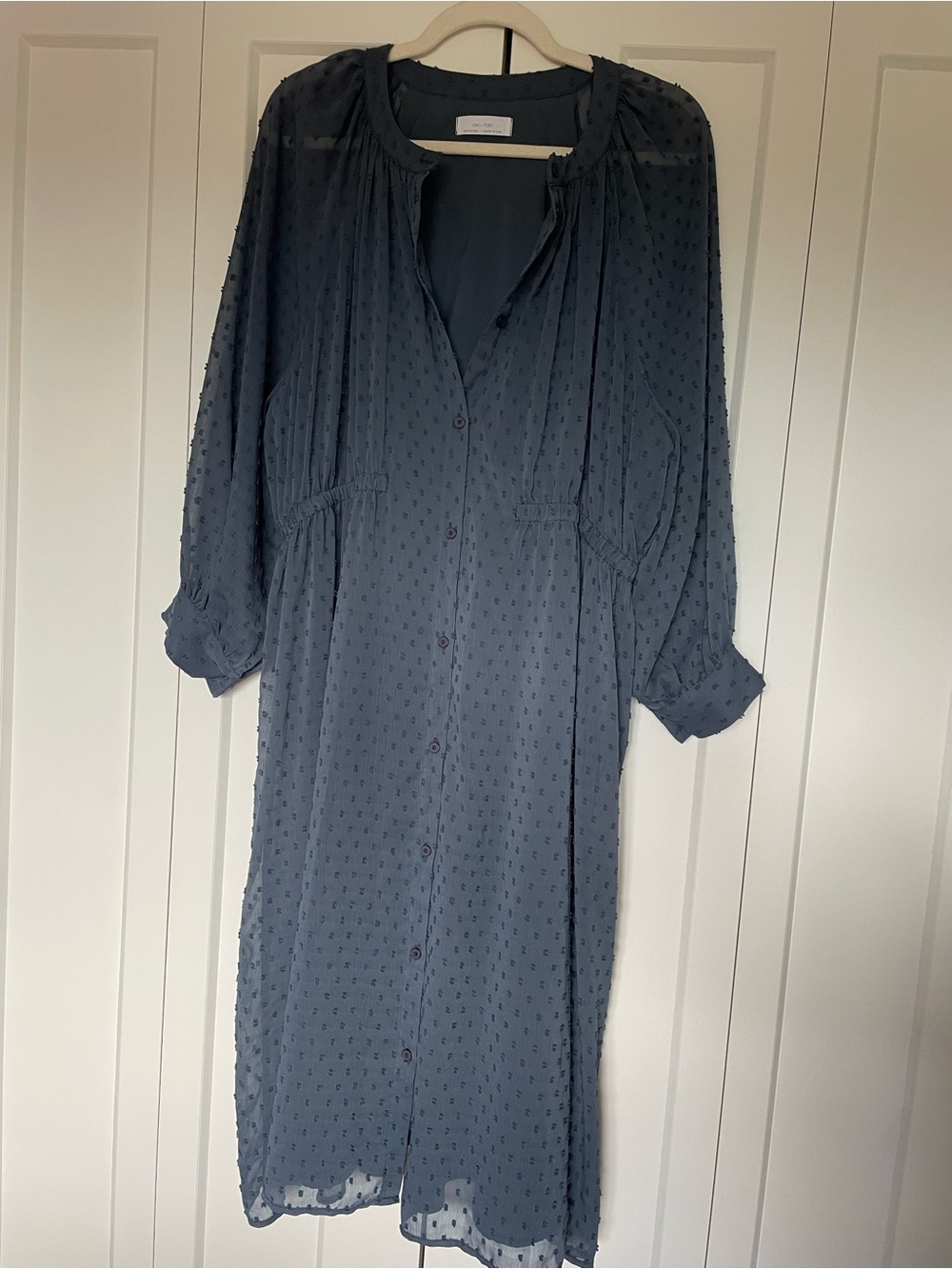 OAK + FORT Swiss Dot Button-Down Textured Long Sleeve Midi Dress